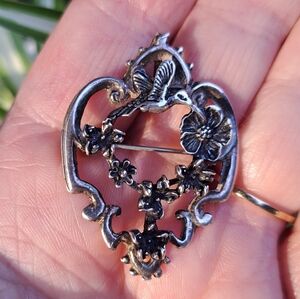 Vintage Sterling Silver Floral Hummingbird Pendant Brooch